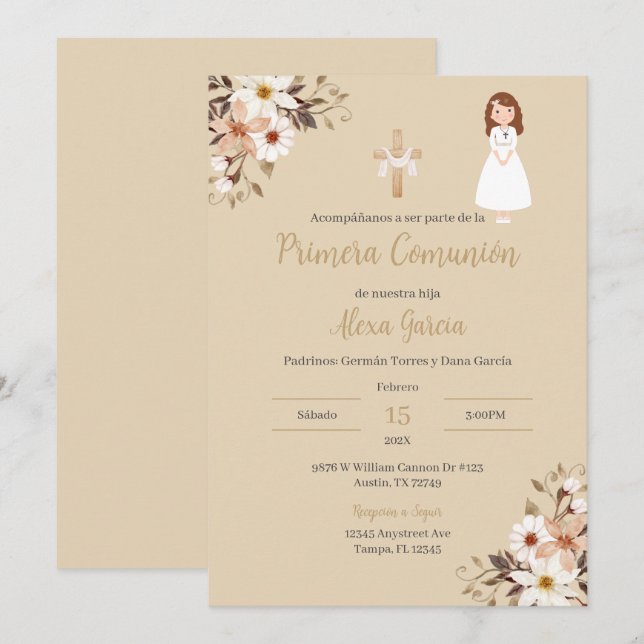 Invitation à la première communion beige florale (Devant / Derrière)