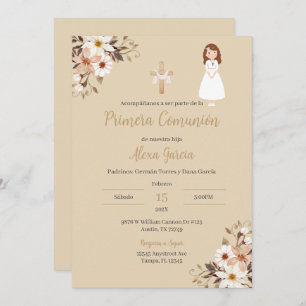 Invitation à la première communion beige florale