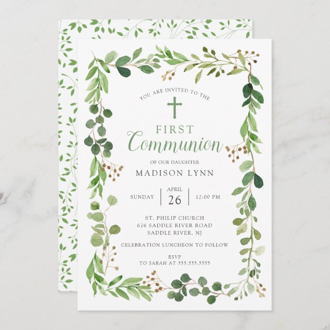 Invitation à la première communion de la feuille v (Devant / Derrière)