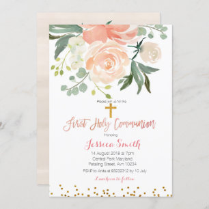 Invitation à la première communion de pêche floral