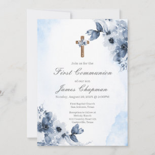 Invitation à la première communion florale bleue