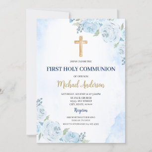 Invitation à la première communion florale bleue