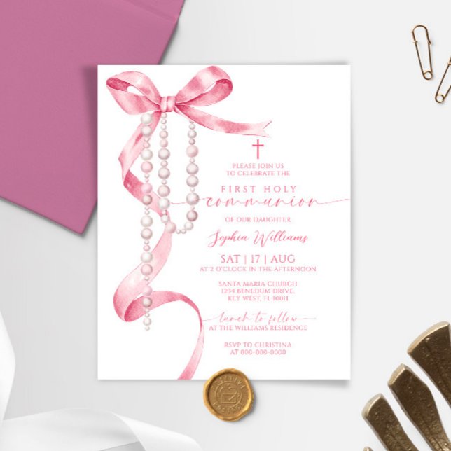 Invitation à la première communion Pink Bow (Créateur téléchargé)