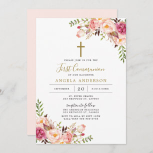 Invitation à la première communion rose florale