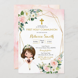 Invitation à la première communion rose florale