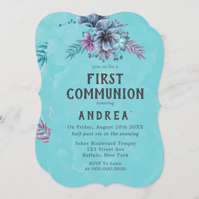 Invitation à la première communion Turquoise et vi (Devant / Derrière)