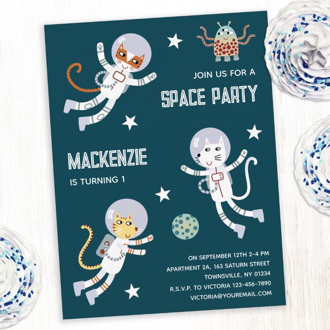 Invitation à la première fête d'anniversaire de Sp (Fun space cat first birthday party invitation postcard)
