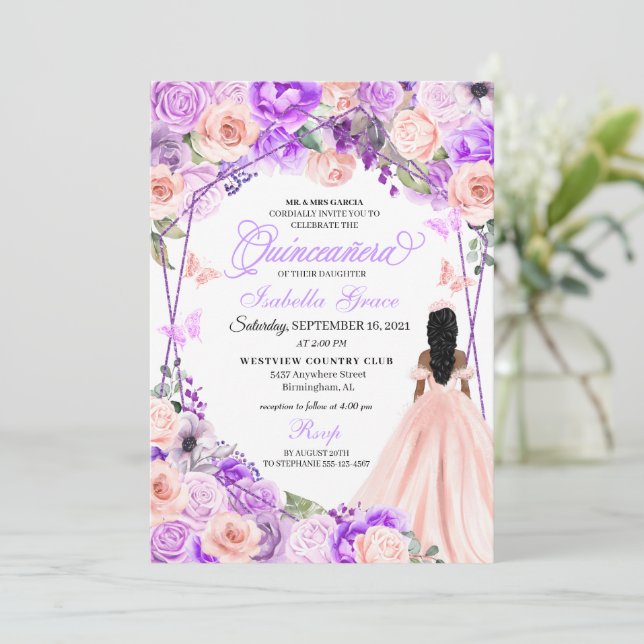 Invitation à la Quinceanera florale rose et violet (Debout devant)