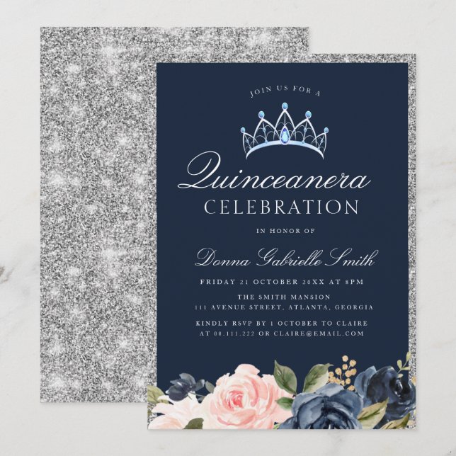 Invitation à la quincénanera Floral Navy & silver (Devant / Derrière)