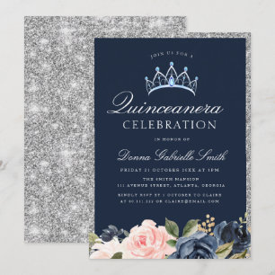 Invitation à la quincénanera Floral Navy & silver