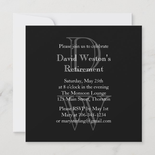 Invitation à la retraite monogramme moderne (noir) (Devant)