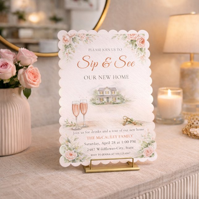 Invitation à la réunion chez soi Blush (Blush floral home gathering with champagne toast, soft greenery, and new home tour details)