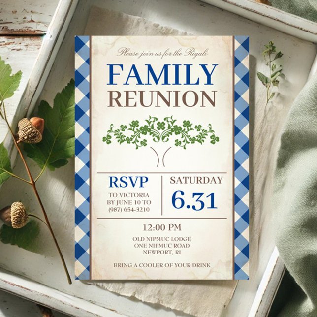 Invitation à la réunion de famille d'arbres (Blue gingham family reunion invitation with tree by VG Invites.)
