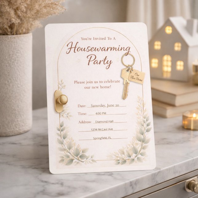 Invitation à la réunion de la clé d'or (Key to new beginnings with gold accents, arch design, and soft greenery detail)