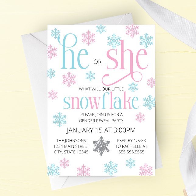 Invitation à la révélation du sexe de bébé Flocon  (He or She Snowflake Be Winter Gender Reveal Party with Pink and Blue Snowflakes)
