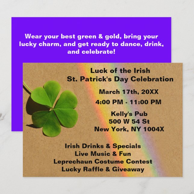 Invitation à la Saint-Patrick Arc-en-Ciel Violet (Devant / Derrière)