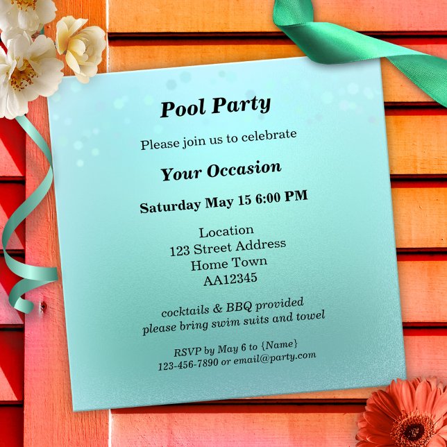 Invitation à la soirée Aqua Turquoise Sparkling Po (Elegant invitation in aqua teal and marine blue with sparkling lights or bokeh - summer pool party)
