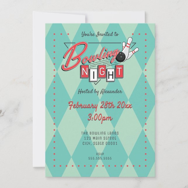 Invitation à la soirée de bowling avec logo rétro (Devant)