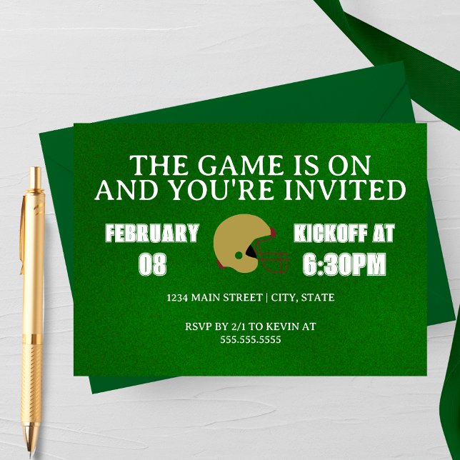 Invitation à la soirée de jeu de football vert (The Game is On Modern Football Watch Party Invitation)