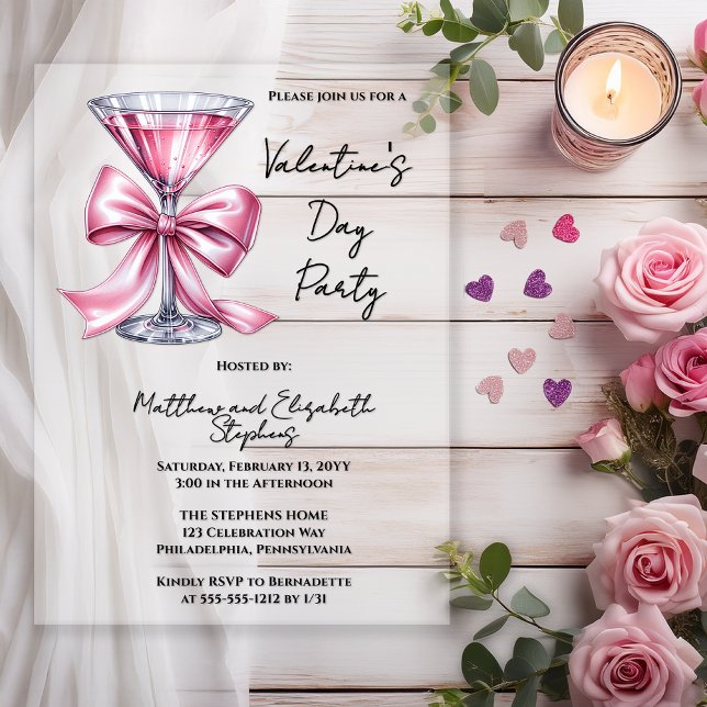 Invitation à la soirée de la Saint-Valentin Coquet (Valentine’s Day Party Acrylic  Invitation | Pink Martini Bow Couple’s Valentine Invite )