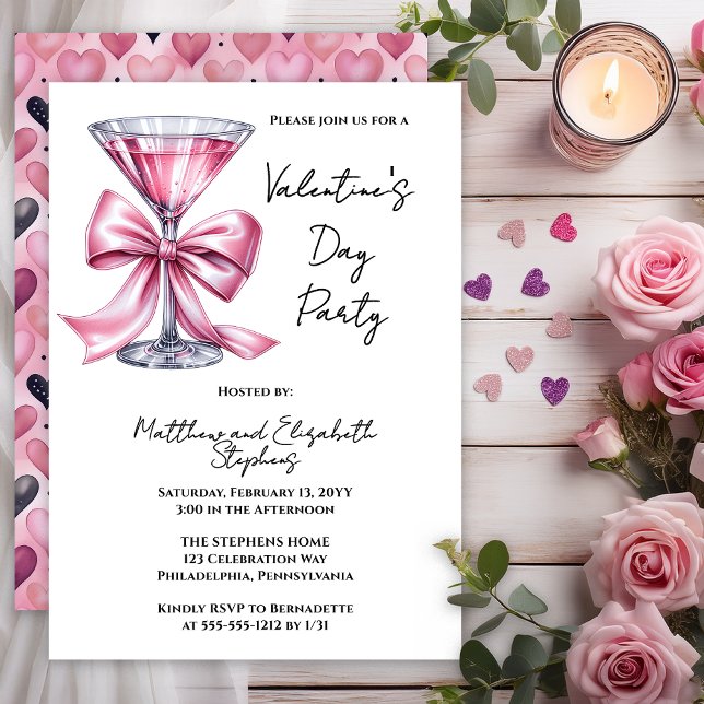 Invitation à la soirée de la Saint-Valentin Pink M (Valentine’s Day Party Invitation | Pink Martini Bow Couple’s Valentine Invite -- Print | Digital)