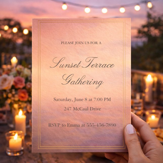 Invitation à la Soirée de la Terrasse au Coucher d (Soft peach sunset terrace soirée with gold framing for a refined outdoor evening gathering)
