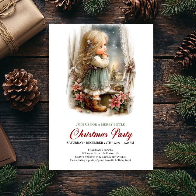Invitation à la Soirée de Noël Jolie Fille Scène d (Christmas Soirée Invitation Cute Girl Holiday Scene)