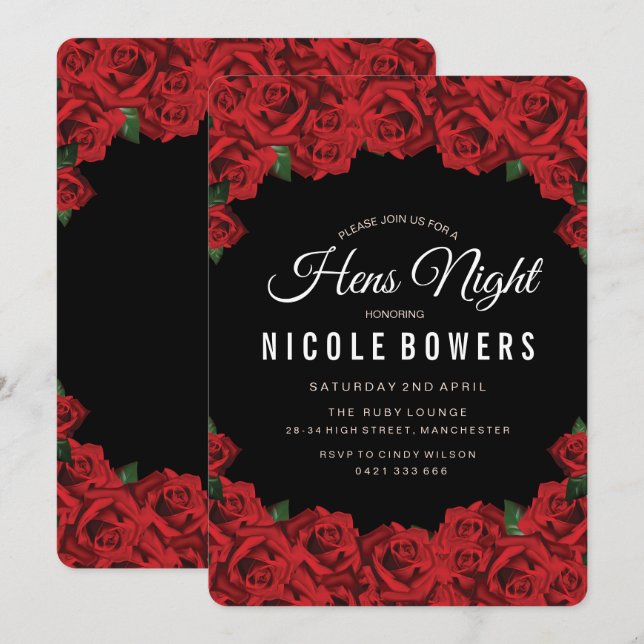 Invitation à la soirée de poules aux roses rouges (Devant / Derrière)