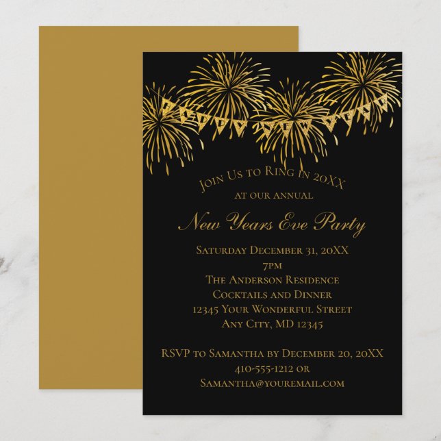 Invitation à la soirée du Nouvel An Black Gold Fir (Devant / Derrière)