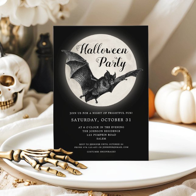 Invitation à la soirée Halloween de la pleine lune (Black Bat Full Moon Halloween Party Invitation)