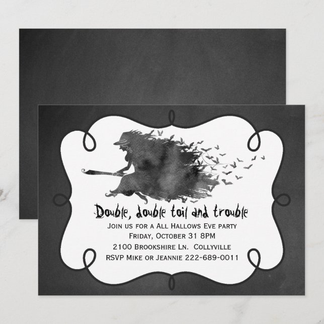 Invitation à la soirée Halloween de sorcière volan (Devant / Derrière)