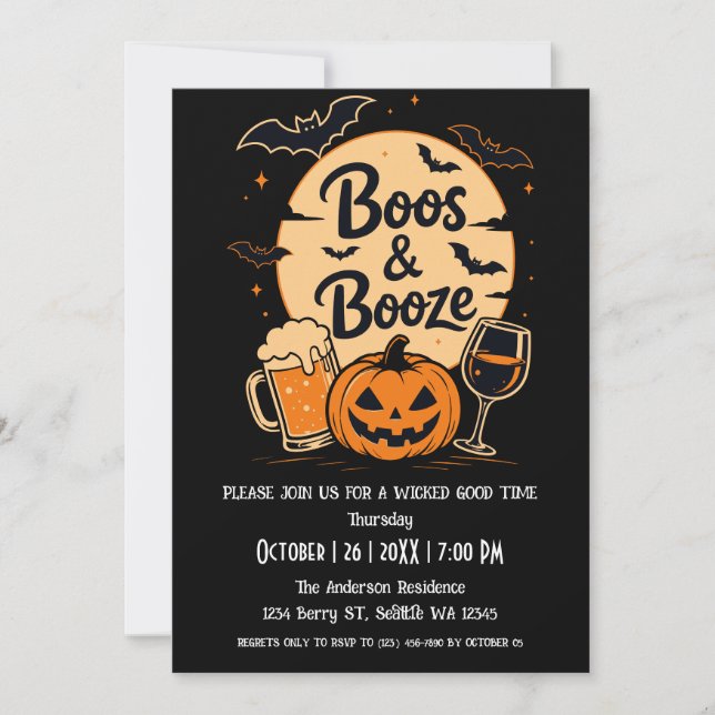 Invitation à la soirée Halloween Moon Bats Boos &  (Devant)