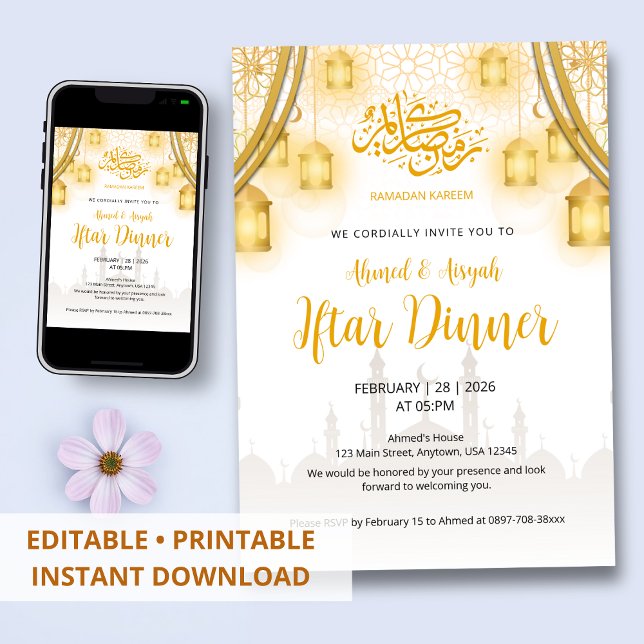 Invitation à la soirée Iftar Élégante Lanterne Dor (Créateur téléchargé)