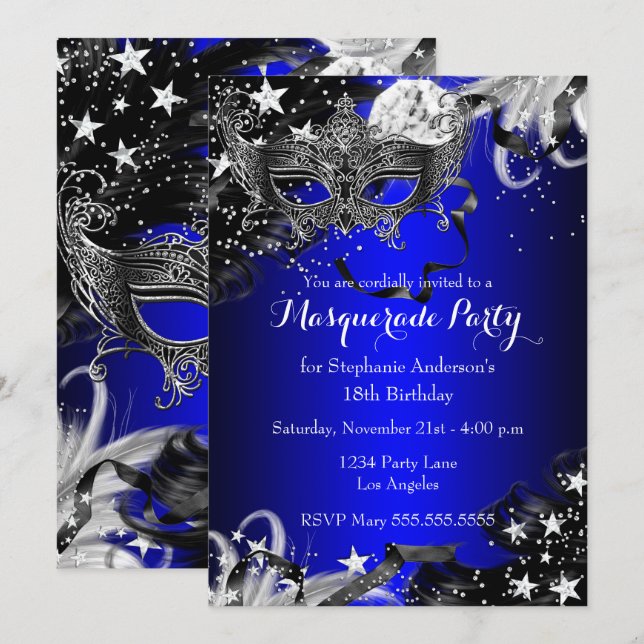 Invitation à la soirée magique masquée Blue Sparkl (Devant / Derrière)