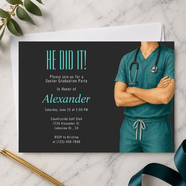 Invitation à la soirée photo de remise de diplômes (Modern doctor graduation party invitation with photo, clean medical theme design)