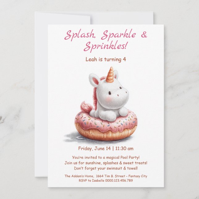 Invitation à la soirée piscine donuts licorne – Fê (Devant)