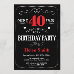 Invitation à l'anniversaire 40th Red and Black Cha