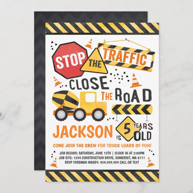 Invitation à l'anniversaire de construction Truck  (Devant / Derrière)