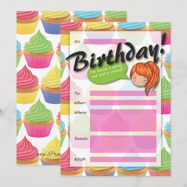 Invitation à l'anniversaire de Cupcake Girl - Chev (Devant / Derrière)