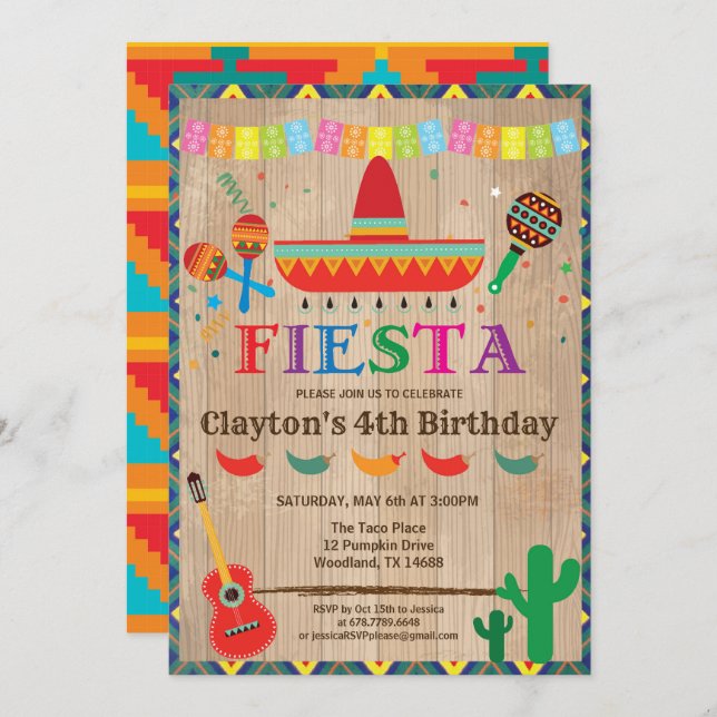 Invitation à l'anniversaire de Fiesta pour garçon  (Devant / Derrière)