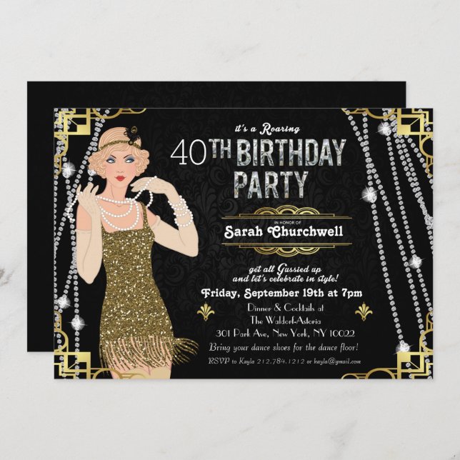 Invitation à l'anniversaire de Gatsby Flapper Girl (Devant / Derrière)