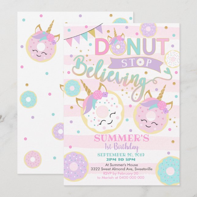 Invitation à l'anniversaire de Girl Donut Unicorn (Devant / Derrière)