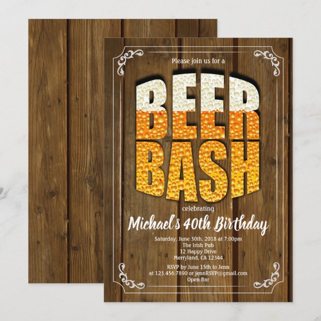 Invitation à l'anniversaire de la bière bash Bois  (Devant / Derrière)