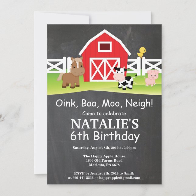 Invitation à l'anniversaire de la ferme Chalkboard (Devant)