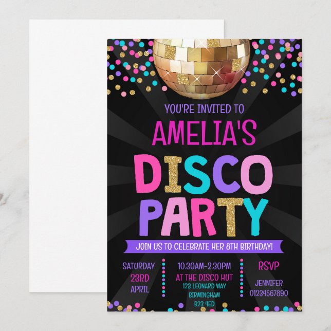 Invitation à l'anniversaire de la fête Disco (Devant / Derrière)