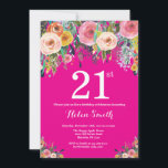 Invitation à l'anniversaire de la florale rose cha<br><div class="desc">Invitation à la florale rose-chaud 21e anniversaire pour les femmes. Fleur florale aquarelle. Arrière - plan rose chaud. Rose, Jaune, Orange, Fleur Violet. Anniversaire adulte. 13e 15e 16e 18e 20e 21e 30e 40e 50e 60e 70e 80e 90e 100e, n'importe quel âge. Pour plus de personnalisation, cliquez sur le bouton "Customiser"...</div>