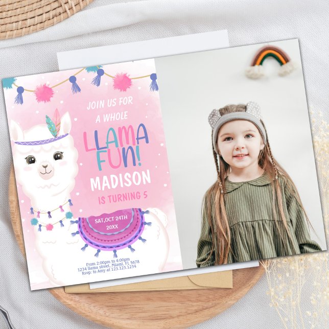 Invitation à l'anniversaire de la lama rose et vio (Pink Purple Llama Birthday Invitations with photo)