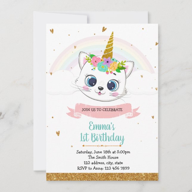 Invitation à l'anniversaire de la licorne de chat (Devant)