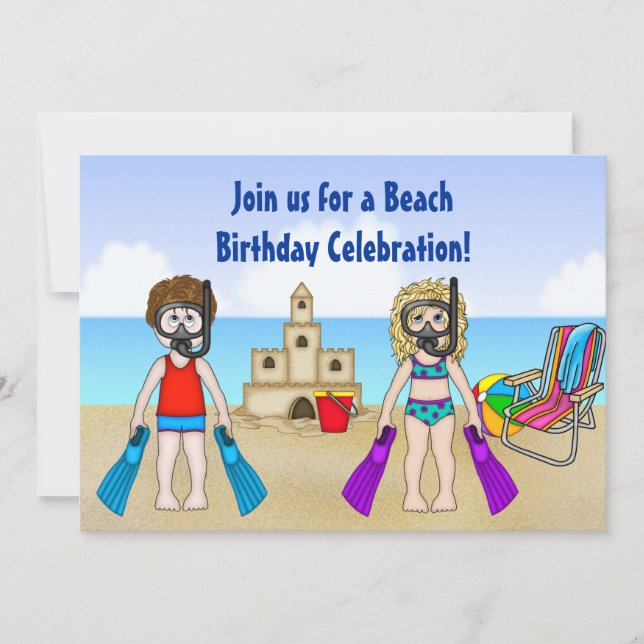 Invitation à l'anniversaire de la plage de Cute po (Devant)