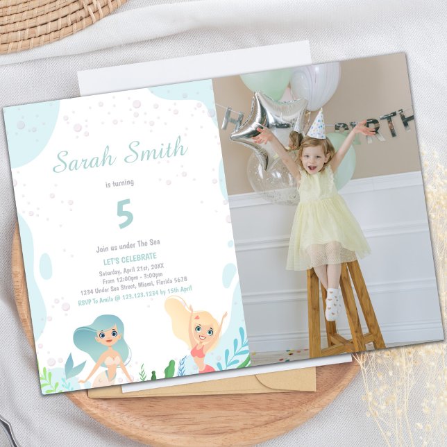 Invitation à l'anniversaire de la sirène blonde av (Blond Mermaid Birthday Invitations with photo)